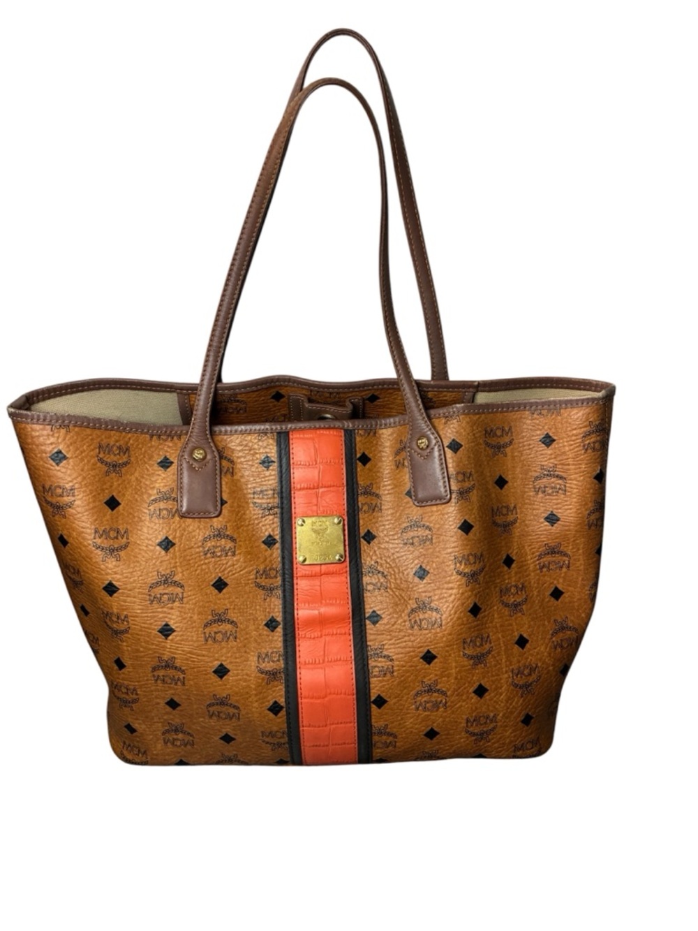 MCM Cognac Visetos Tote with Orange Croc Embossed Stripe